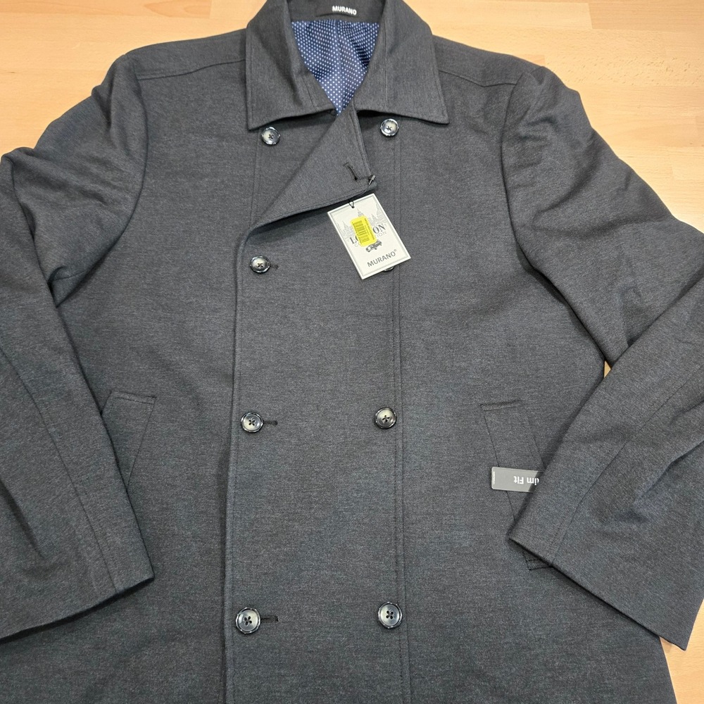 Murano London Collection Mens XL Gray Slim Fit Double Breasted Overcoat Jacket